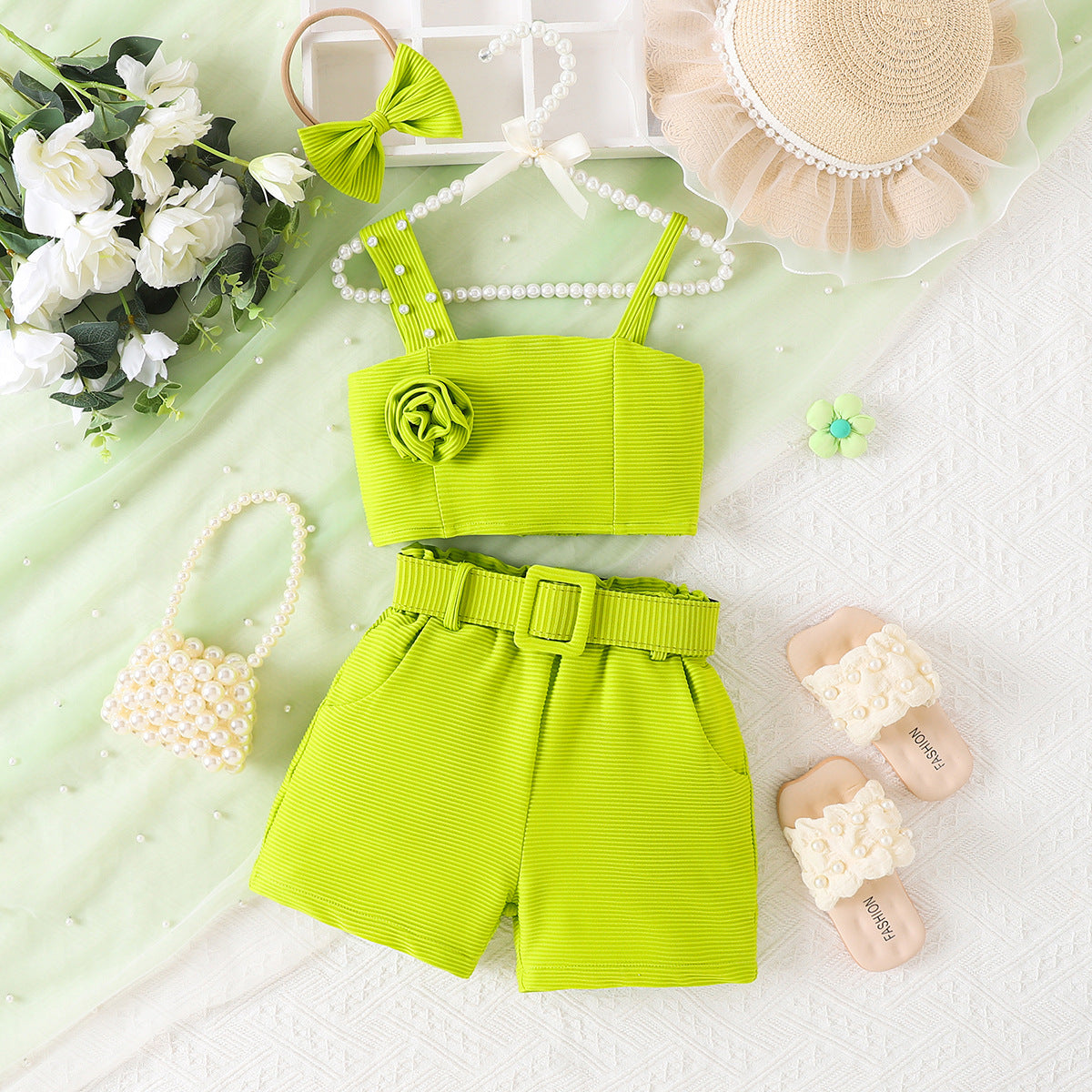 Strap top shorts waist belt hair accessory set