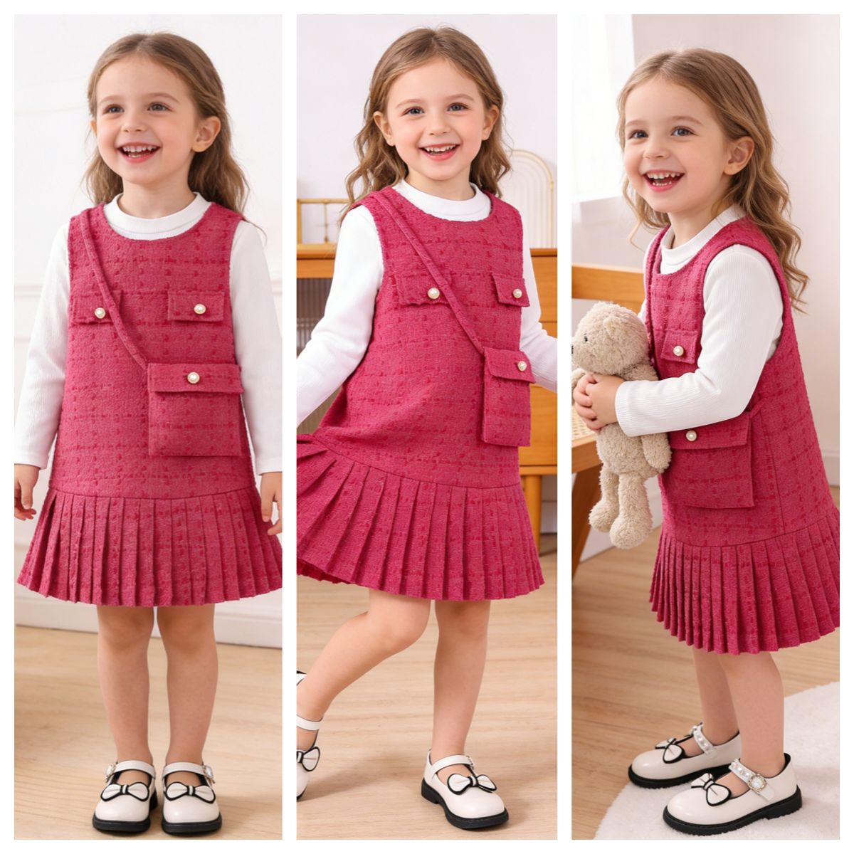 Long sleeved with pink dress and shoulder bag set