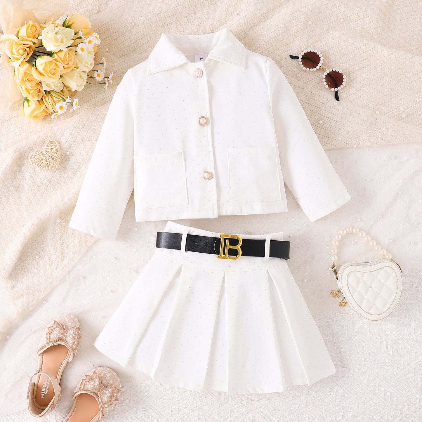 Collar jacket pleated skirt belt set