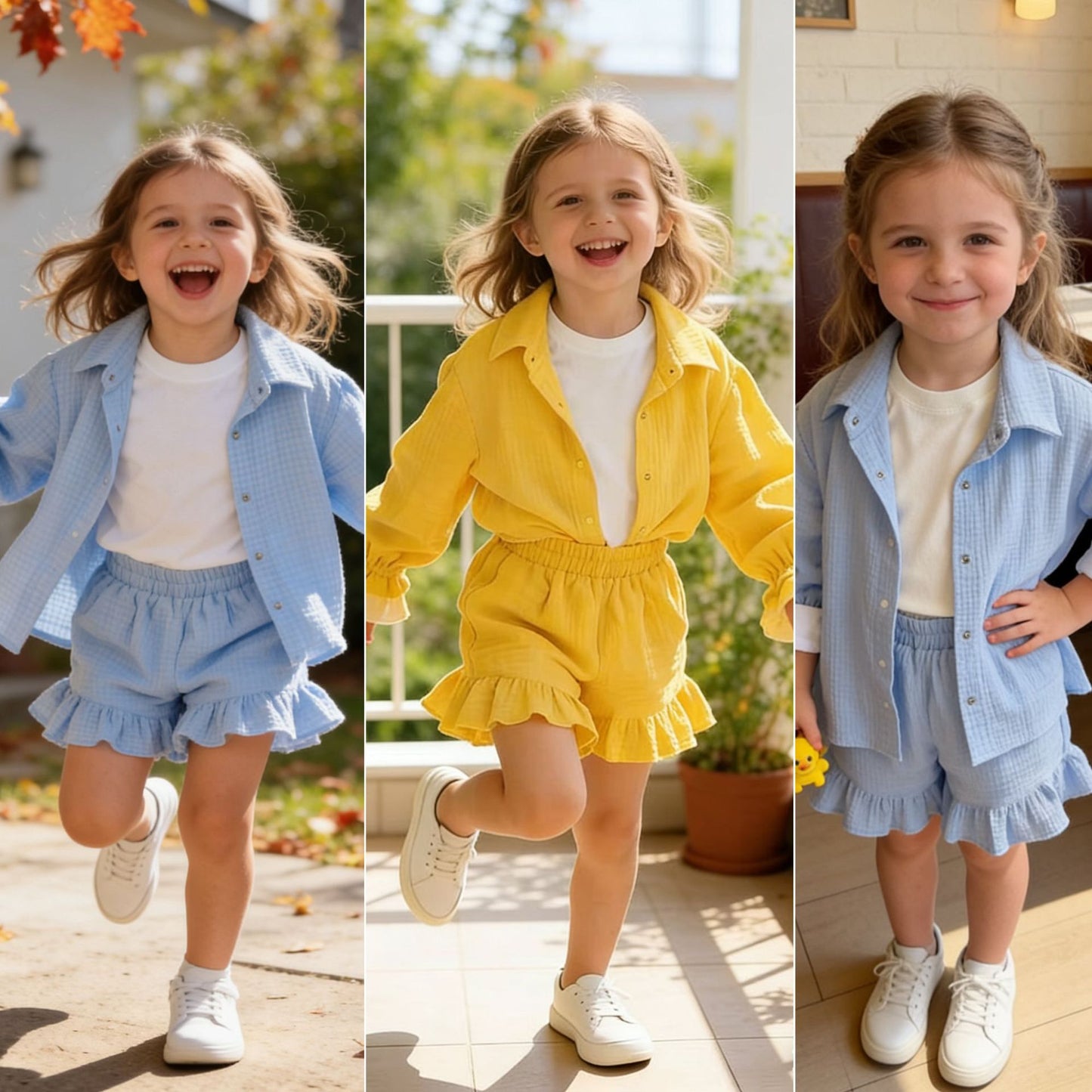 Two piece set of solid color shirt with ruffled shorts