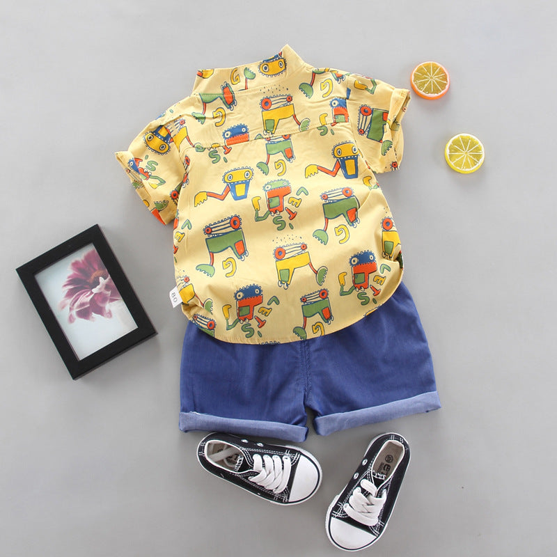 Stand up collar short sleeved shirt shorts two-piece set