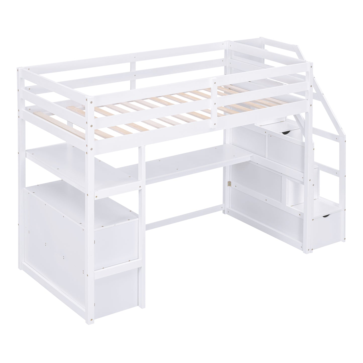 Twin Size Loft Bed with Desk and Shelves Two Built-in Drawers Storage Staircase White