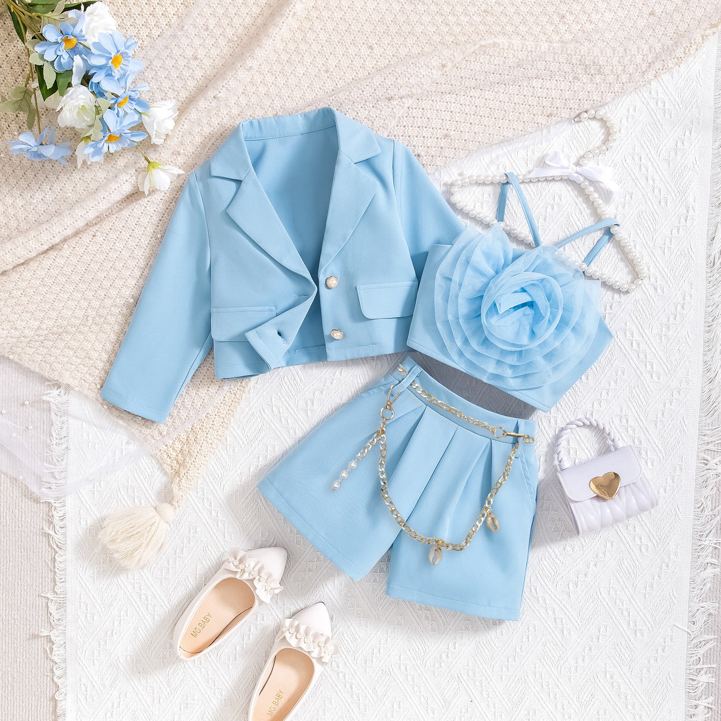 Long sleeved jacket with floral interior paired with shorts three piece set