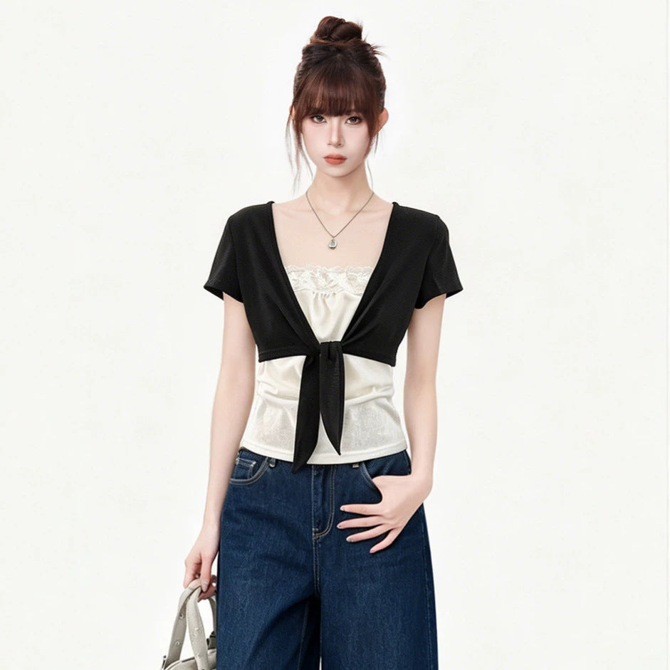 Short Sleeve T-Shirt for Women Tie-Up Slim Fit Top