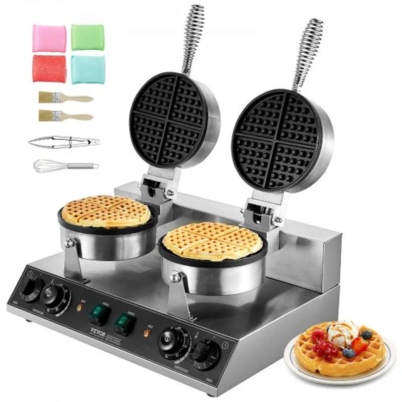Commercial Waffle Maker, Dual-Head round Waffle Baker Machine, 2460W Non-Stick Stainless Steel Belgian Waffle Iron with Temp and Time Control, Handle, for Restaurant Bakery Snack Bar Family