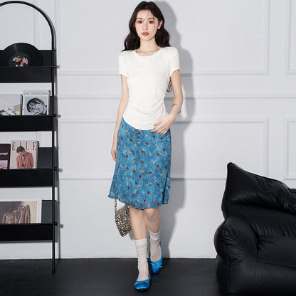 Round Neck Pleated Irregular Hem Short Sleeve T-Shirt for Women