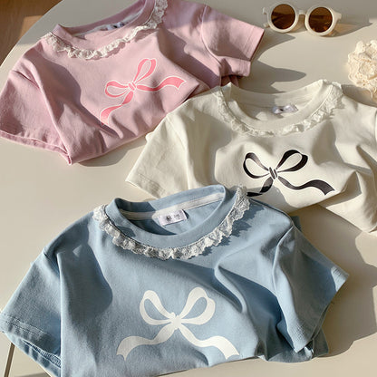 Cute Fitted Short Sleeve T-Shirt for Girls with Lace Peter Pan Collar and Bow Summer Fashion Top