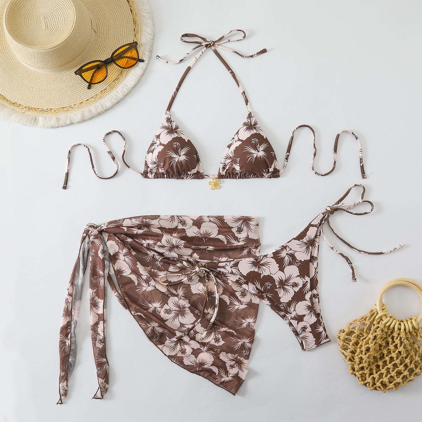 Yarn skirt split bikini multi-color three piece swimsuit