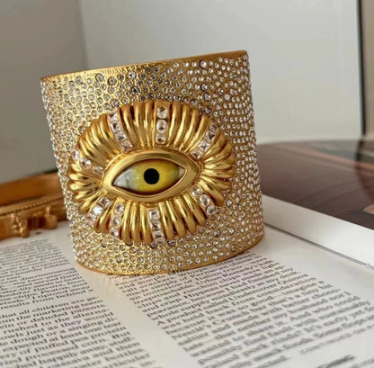 Fashion Trend Retro Literary Heavy Brass Gold-Plated Inlaid Shiny Rhinestone Niche Exaggerated Design Eyes Hundred Bracelet