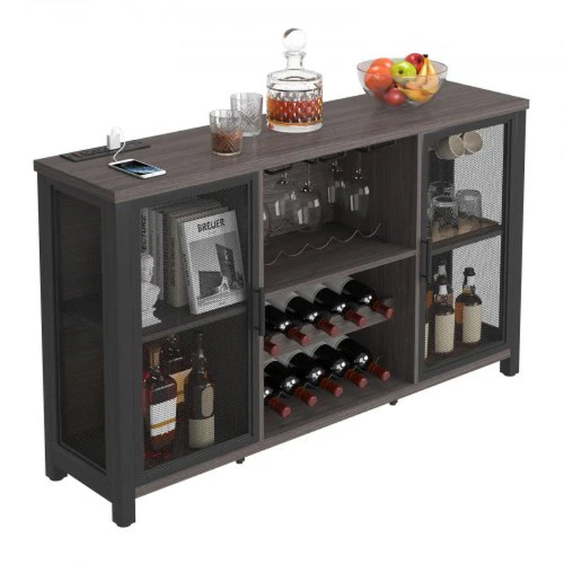 47 Inch Industrial Bar Cabinet, Wine Table for Liquor & Glasses, Sideboard Buffet Cabinet with Wine Rack, Freestanding Farmhouse Wood Coffee Bar Cabinet for Living Room, Home Bar, Kitchen
