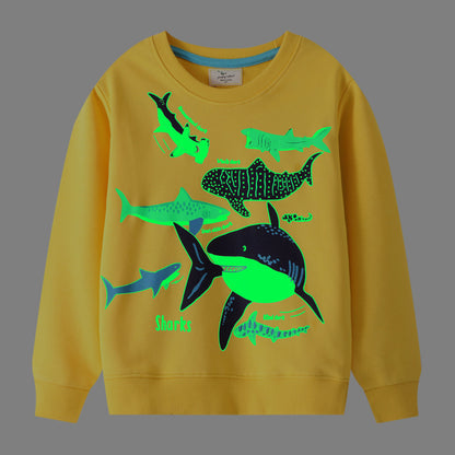Kids Glow-in-the-Dark Shark Party Print Hoodie Round Neck, Autumn Outerwear for Boys