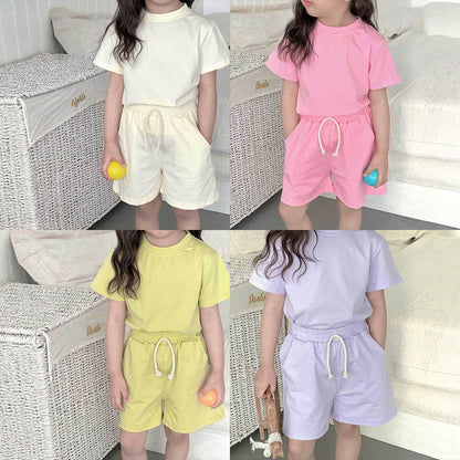 Children's Summer Cotton Pajama Set Short Sleeve Shorts Two-Piece Set Girls Lightweight Casual Sleepwear Wearable Outdoors
