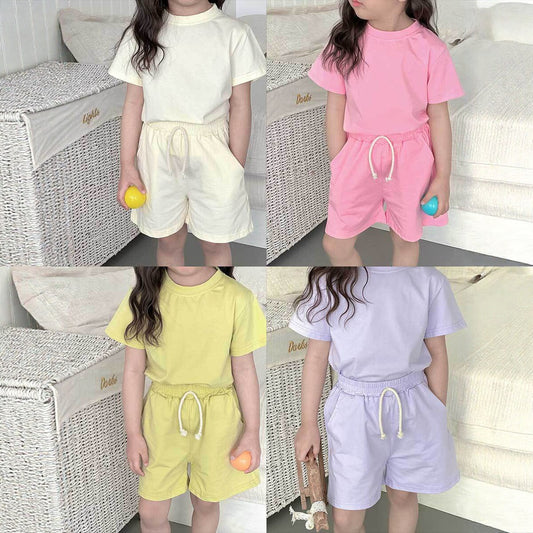 Children's Summer Cotton Pajama Set Short Sleeve Shorts Two-Piece Set Girls Lightweight Casual Sleepwear Wearable Outdoors