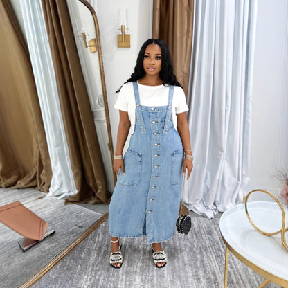 Chic Single-Button Knee-Length Sleeveless Denim Dress with Mid-Length Silhouette