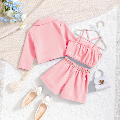 Long sleeved jacket with floral interior paired with shorts three piece set