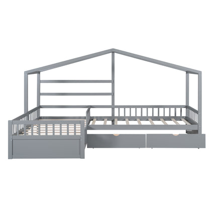 Twin Size House Platform Bed with Three Storage Drawers Gray