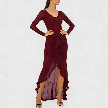 Women's Fashion V-neck Sheer Ruffle Skirt Dress