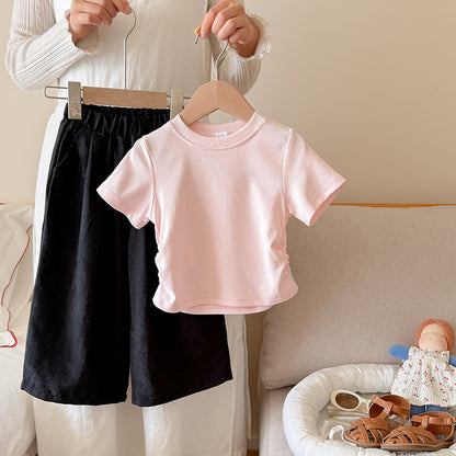 Cute Girls' Summer Outfit Set: Fitted Short Sleeve Top with Wide Leg Harajuku PantsLoose Summer Pants Two-Piece Set