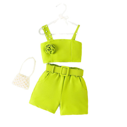 Strap top shorts waist belt hair accessory set