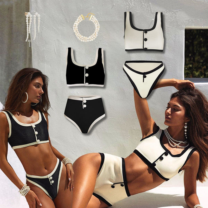 Sexy Black and White Contrast High-Waisted Separated Bikini Swimwear
