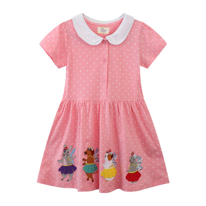Summer new cartoon embroidery turn-down collar cotton girls' dress, factory distribution and drop shipping