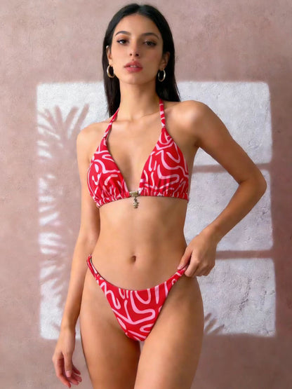 Swimsuit Split Beach Stripe Strap Neck Hanging