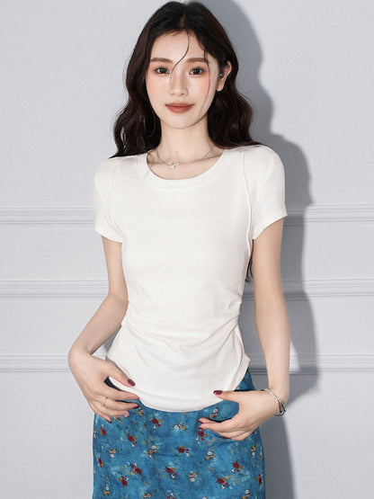 Round Neck Pleated Irregular Hem Short Sleeve T-Shirt for Women