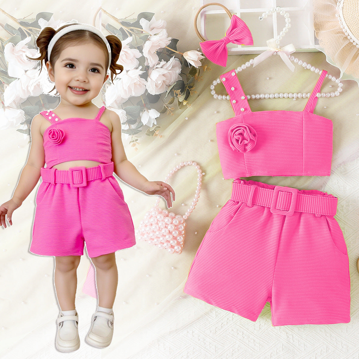 Strap top shorts waist belt hair accessory set