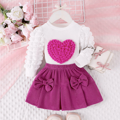Bubble sleeve heart-shaped top bow short skirt two-piece set