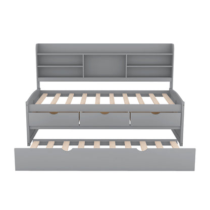 Twin Size Wooden Captain Bed with Built-in Bookshelves,Three Storage Drawers and Trundle Light Grey