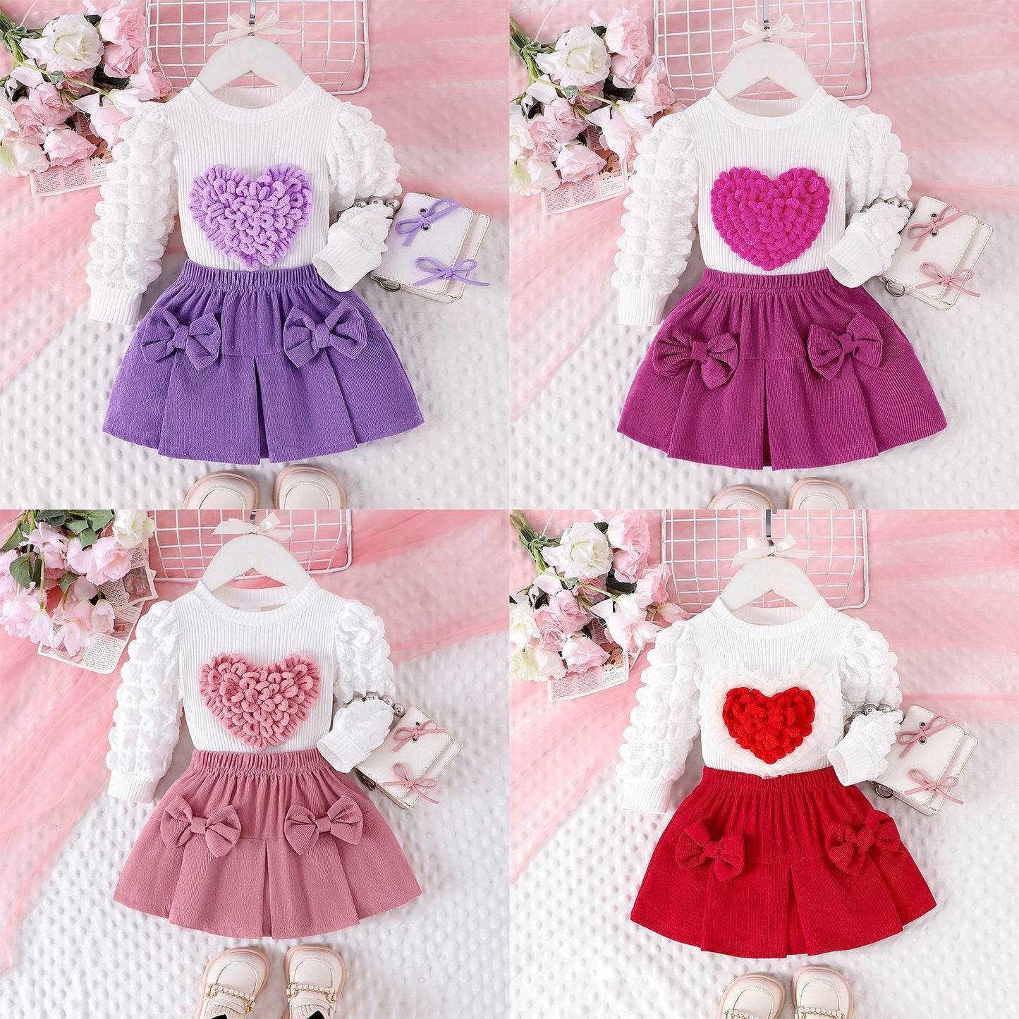 Bubble sleeve heart-shaped top bow short skirt two-piece set