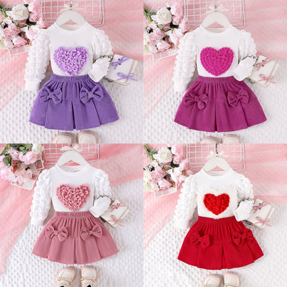 Bubble sleeve heart-shaped top bow short skirt two-piece set