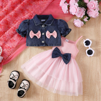 Cowboy bow short sleeved jacket with mesh suspender dress set