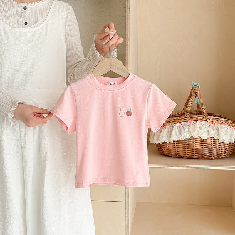 Children's Cotton Short Sleeve T-Shirt Rabbit Print Cartoon Summer Wear, New Fashionable Baby Top for Boys and Girls