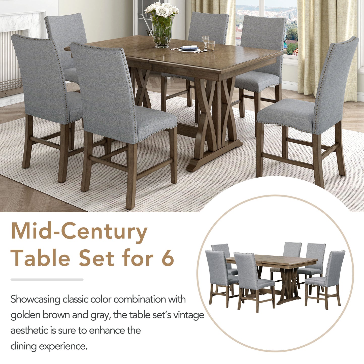TOPMAX Mid Century Solid Wood 7-Piece Expandable Dining Table Set with Soft Cushioned Chair, Gold Brown+Gray Cushions