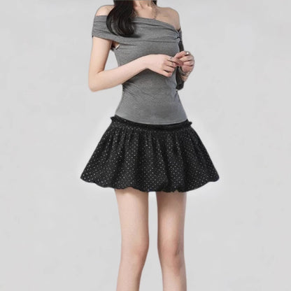 Seasonal Elegant Black Lace Trim Polka Dot Skirt for Women, Petite-Friendly, Side Zipper with Lining