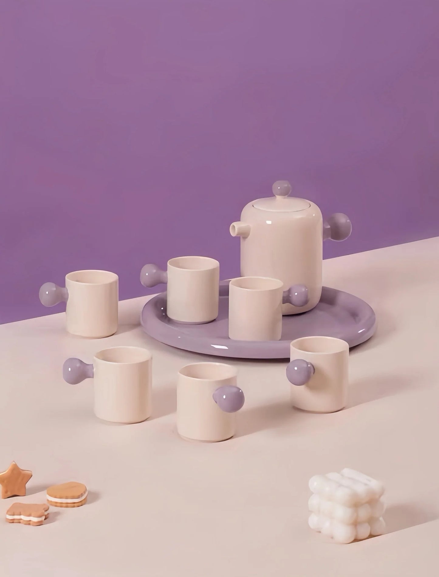 Handmade Cute Whimsical Dopamine Creamy Toffee Tea Pot & Tea Cups Set of 8 Pcs