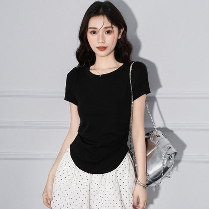 Round Neck Pleated Irregular Hem Short Sleeve T-Shirt for Women