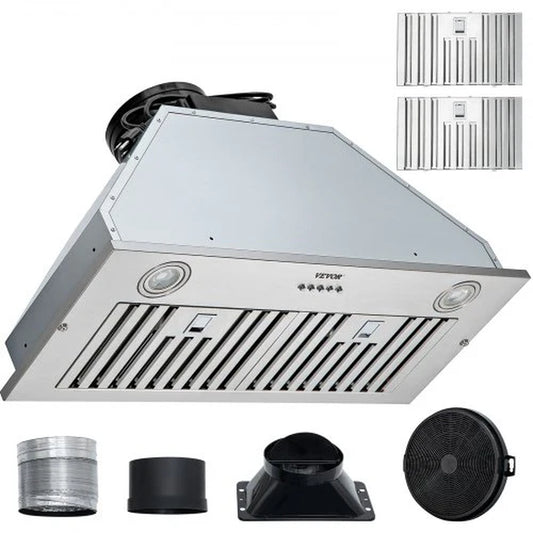 VEVOR Insert Range Hood, 800CFM 3-Speed, 30 Inch Stainless Steel Built-In Kitchen Vent with Push Button Control LED Lights Baffle Filters, Ducted/Ductless Convertible, ETL Listed