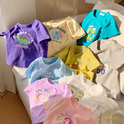 Children's Summer Boy Dinosaur Excavator Print Short Sleeve T-Shirt, Girl Stylish Half Sleeve Baby Cotton T-Shirt