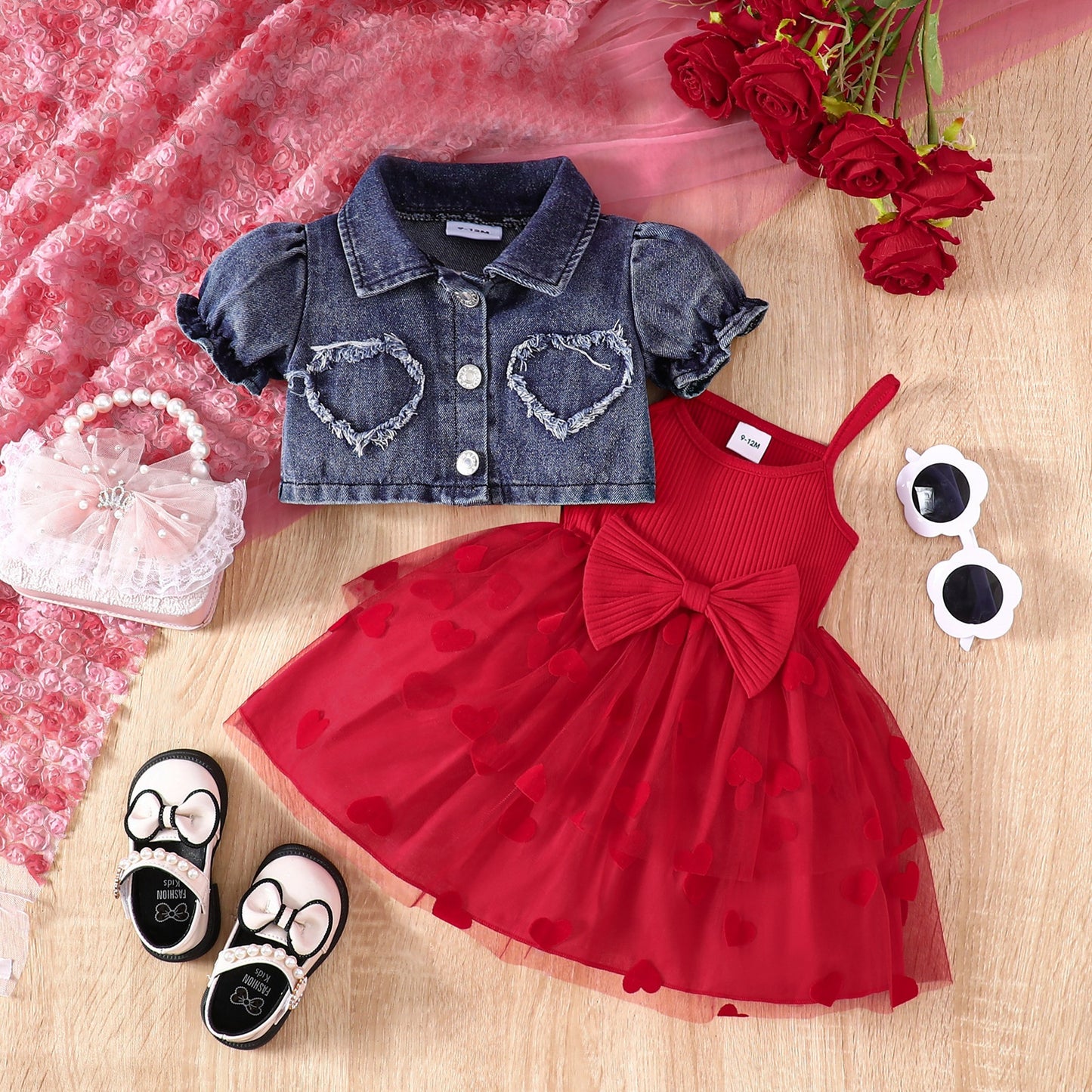 Cowboy bow short sleeved jacket with mesh suspender dress set