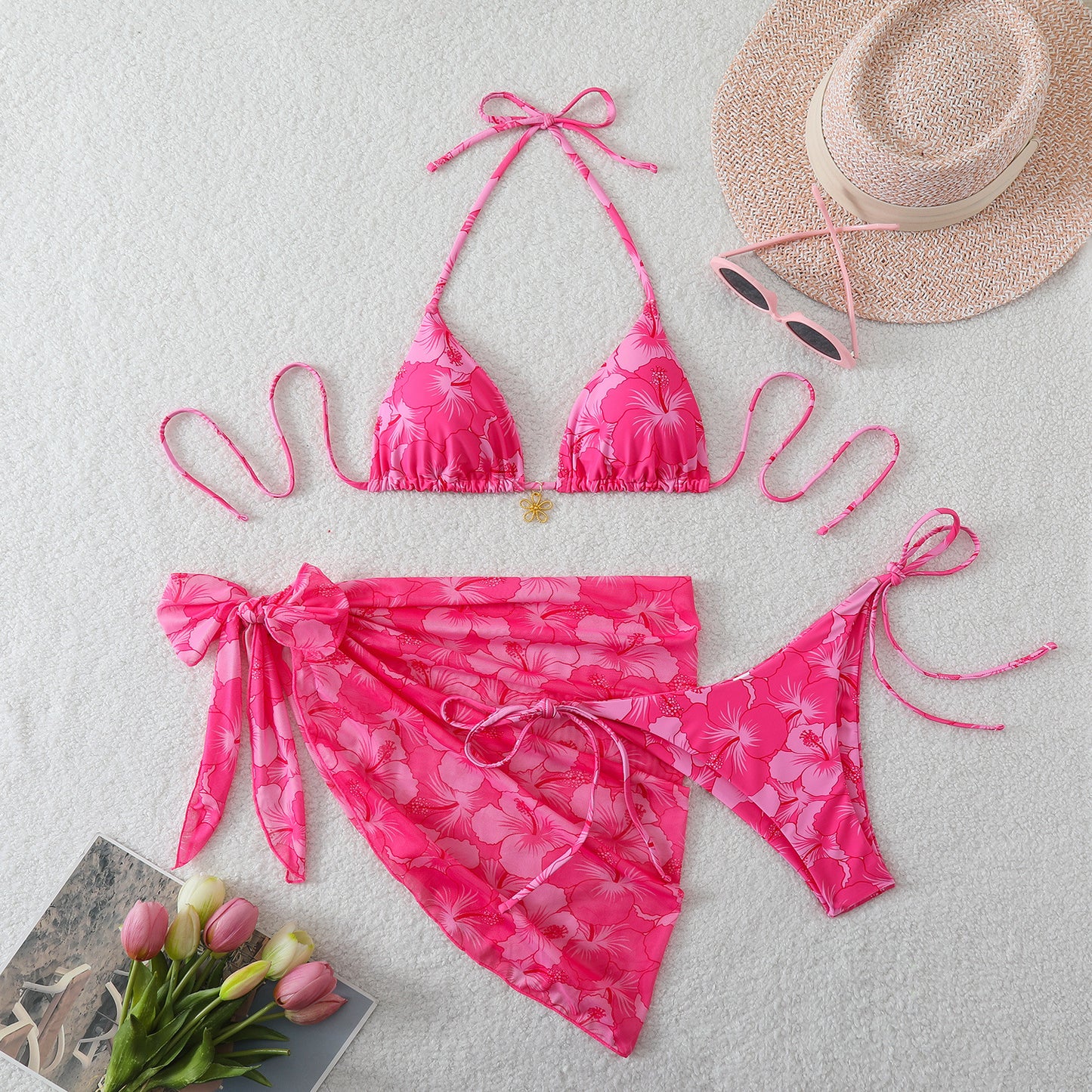 Yarn skirt split bikini multi-color three piece swimsuit