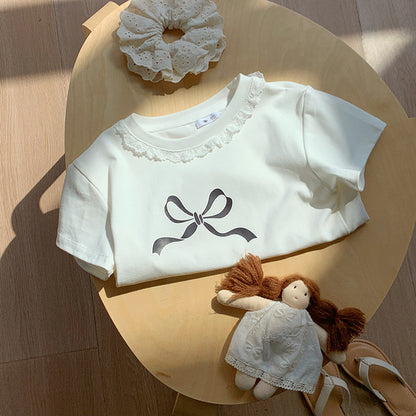 Cute Fitted Short Sleeve T-Shirt for Girls with Lace Peter Pan Collar and Bow Summer Fashion Top