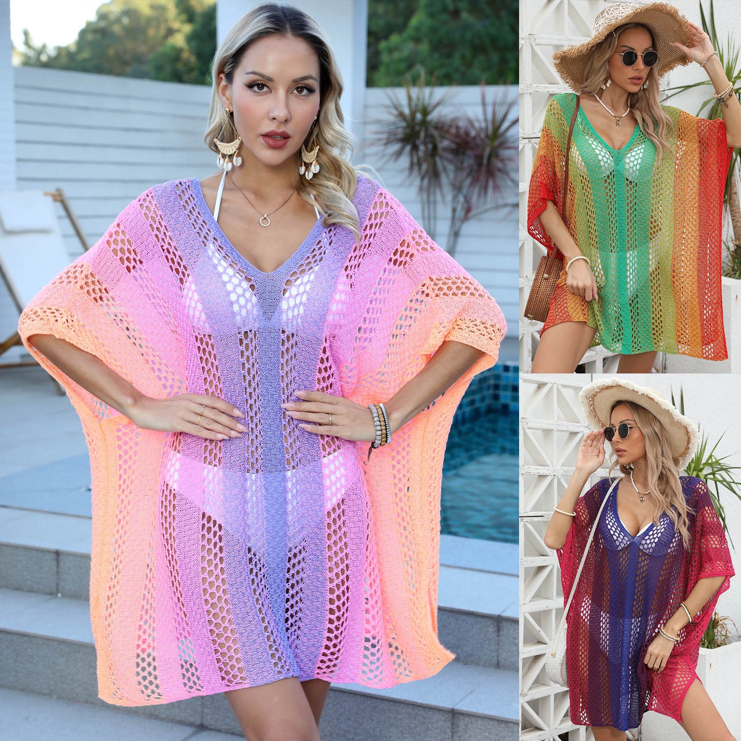 Beach Vacation Cover-Up Cross-Border Women's Gradient Hollow Woven Loose Casual Bikini Dress