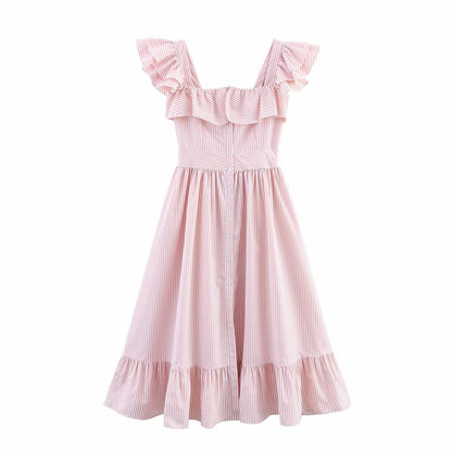 Single breasted striped ruffle edge waist cinched dress