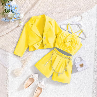 Long sleeved jacket with floral interior paired with shorts three piece set