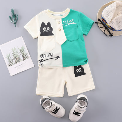 Two piece set of round neck shirt with patchwork short sleeves
