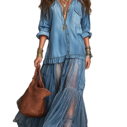 Vintage Denim-like Long Dress Casual Style