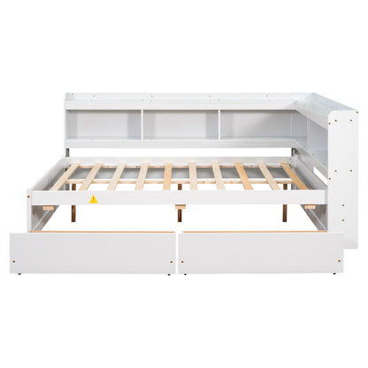 Full Bed with L-shaped Bookcases, Drawers ,White