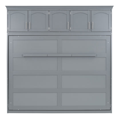 Full Size Murphy Bed Wall Bed with Top Cabinets,Gray
